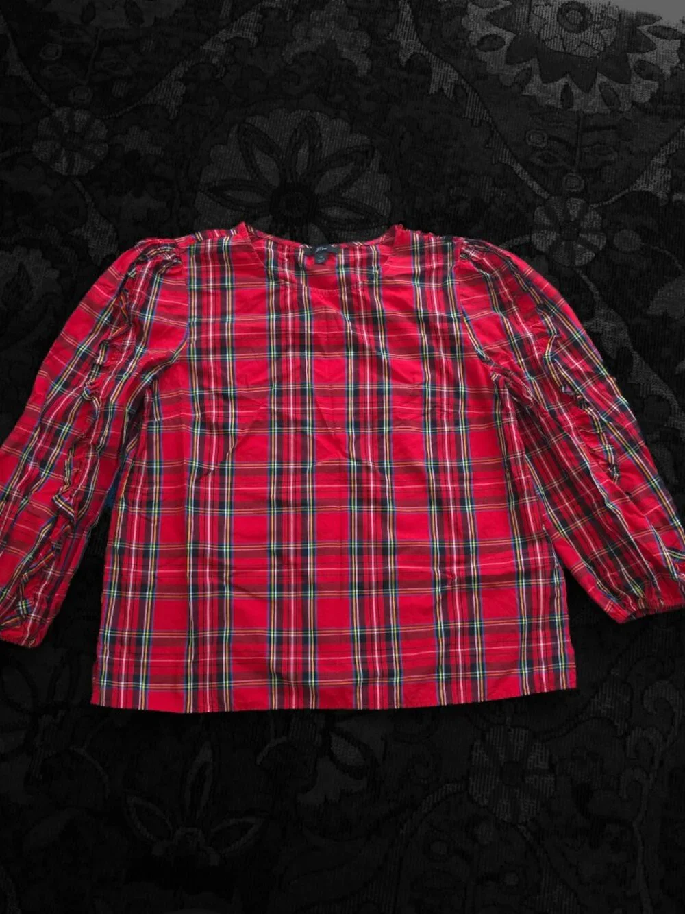 J. Crew Red Ruffle 3/4 Puff Sleeve in Stewart Tartan Black Button Detail EUC Med